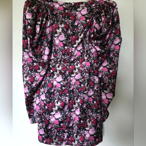Forever 21 Black/Pink Floral V-Neck Faux Wrap Puffy Sleeve Dress Sz. Small - Picture 10 of 10